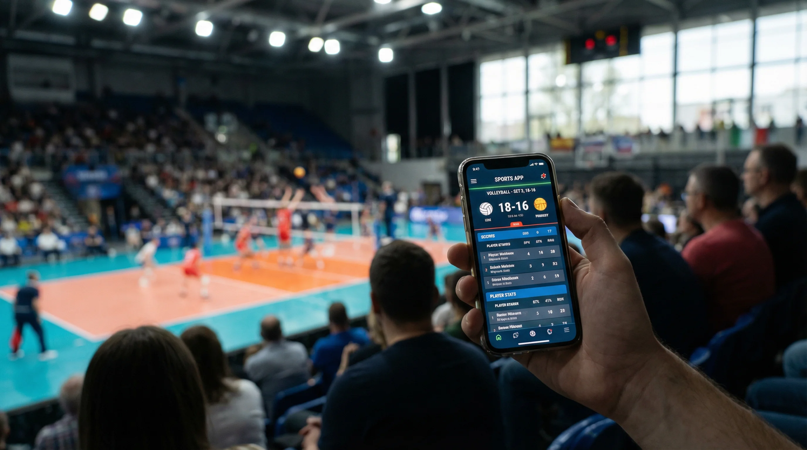 Smartphone con app di scommesse aperta durante una partita di pallavolo dal vivo