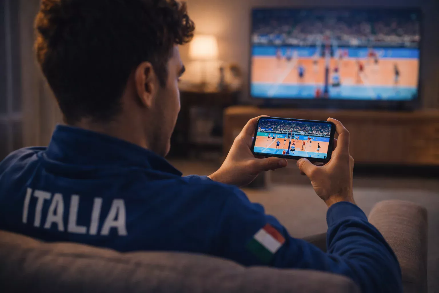 Tifoso che segue partita di volley su smartphone con statistiche live