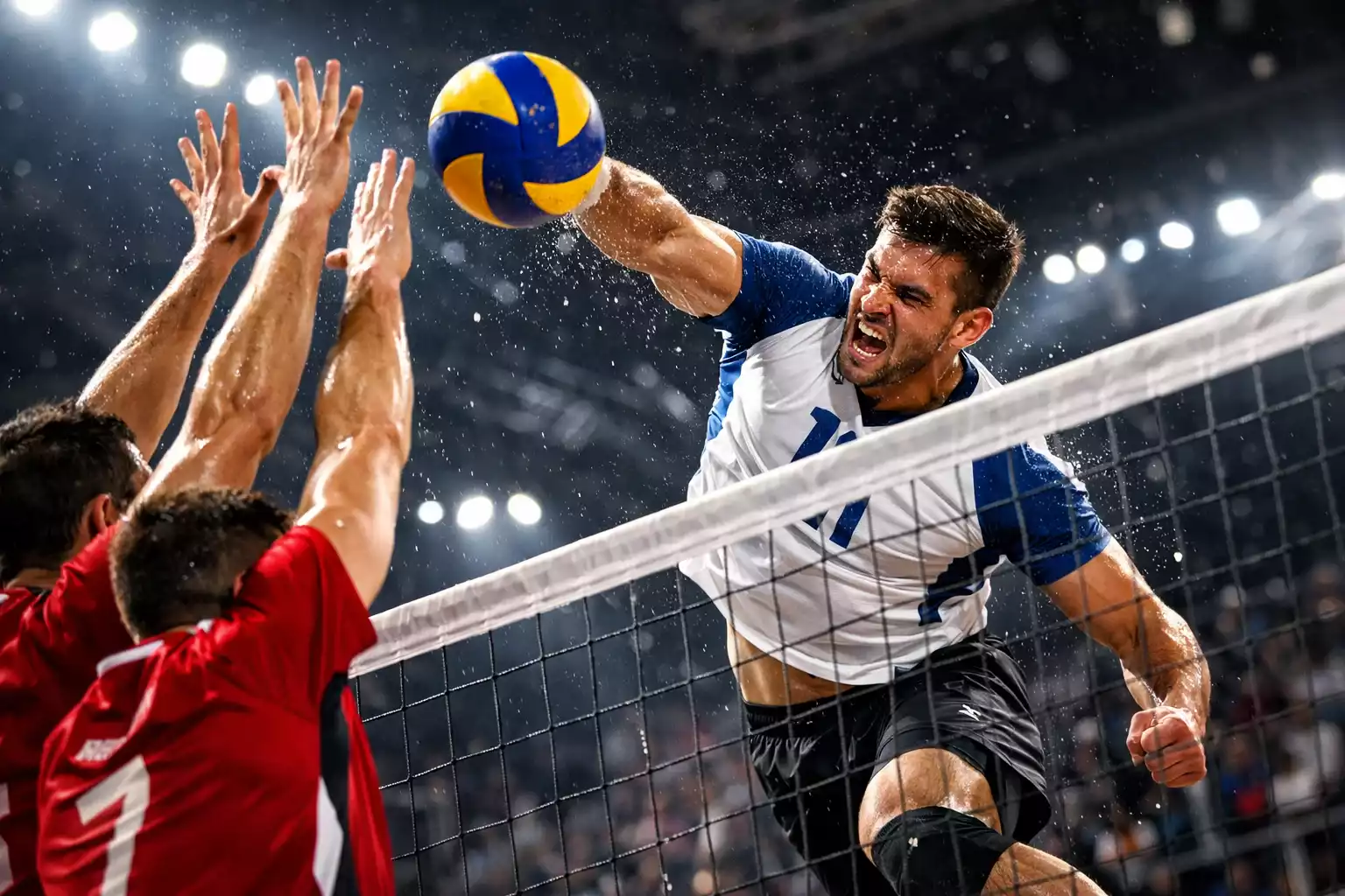 Giocatore di pallavolo in azione durante un attacco potente a rete