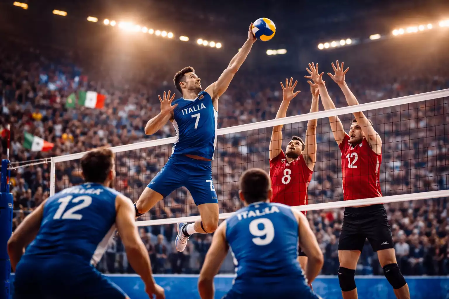 Partita di pallavolo in tempo reale con atmosfera elettrizzante del palazzetto
