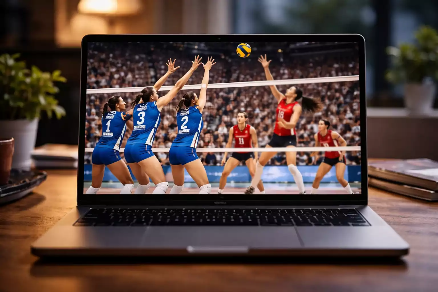 Postazione con laptop per seguire partite di pallavolo in streaming