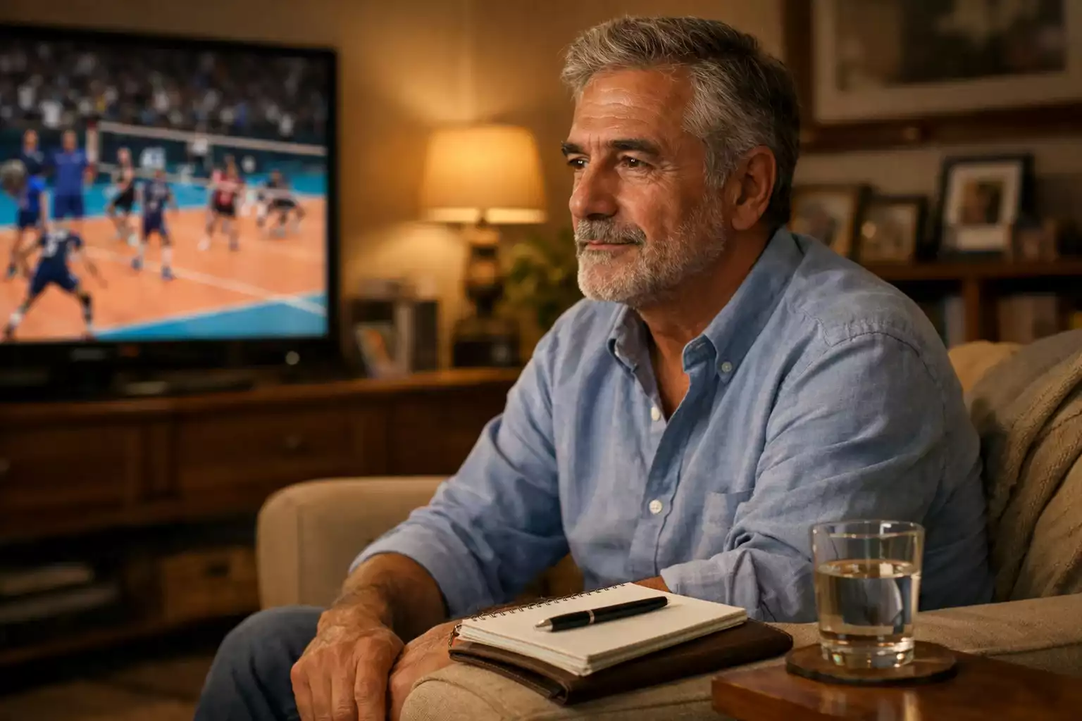 Tifoso concentrato che guarda partita di pallavolo con atteggiamento responsabile