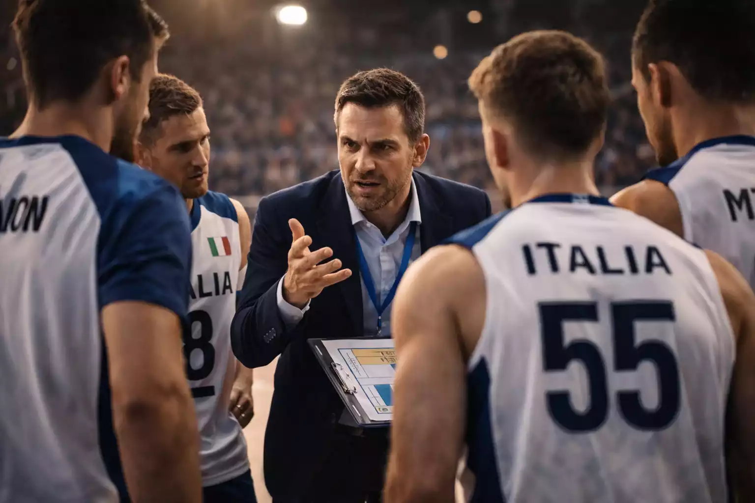 Allenatore di pallavolo durante timeout che parla con la squadra