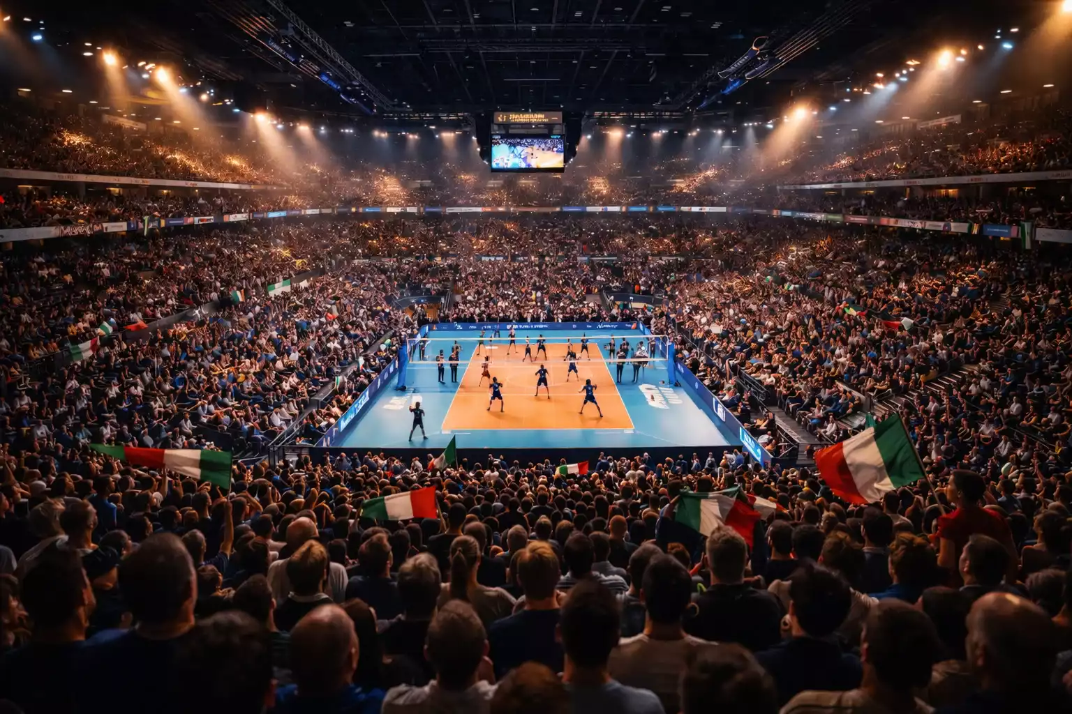 Arena della Superlega italiana di pallavolo con atmosfera emozionante