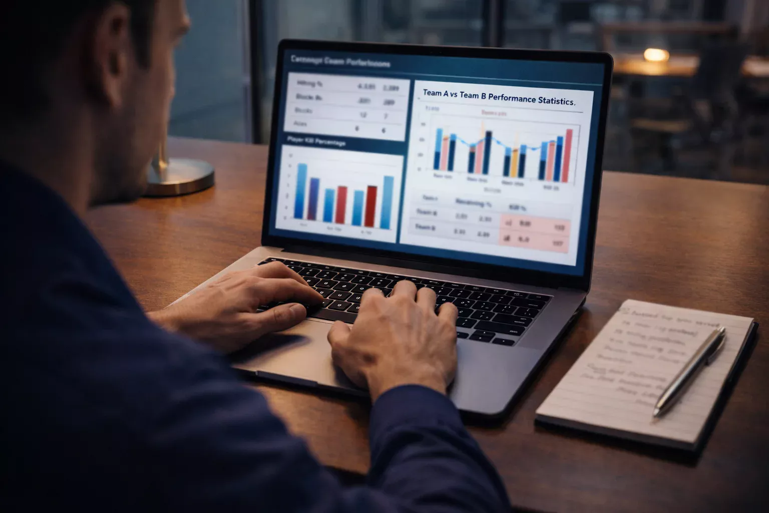 Analista sportivo che esamina statistiche e dati delle squadre di pallavolo su laptop