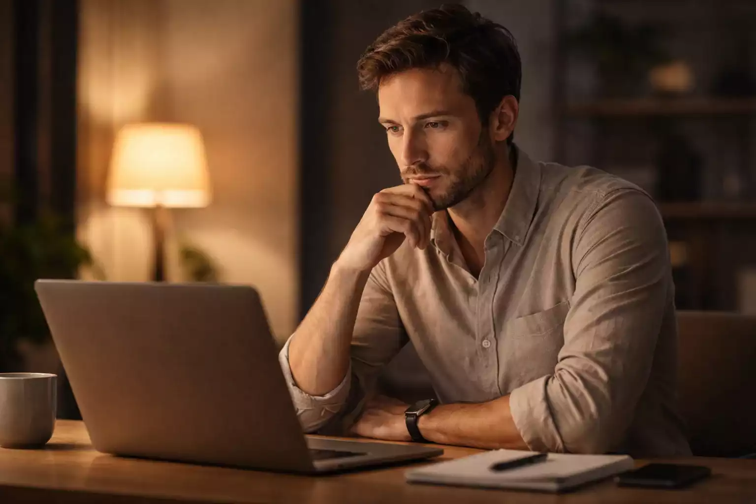 Persona pensierosa davanti al laptop che riflette con cautela prima di prendere decisioni