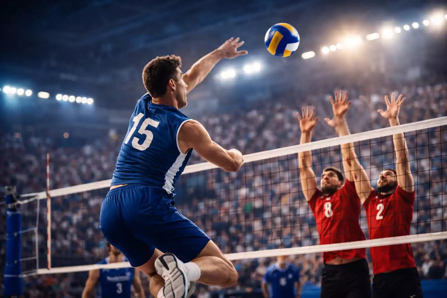 Partita di pallavolo professionale in arena moderna con giocatore che esegue una schiacciata potente