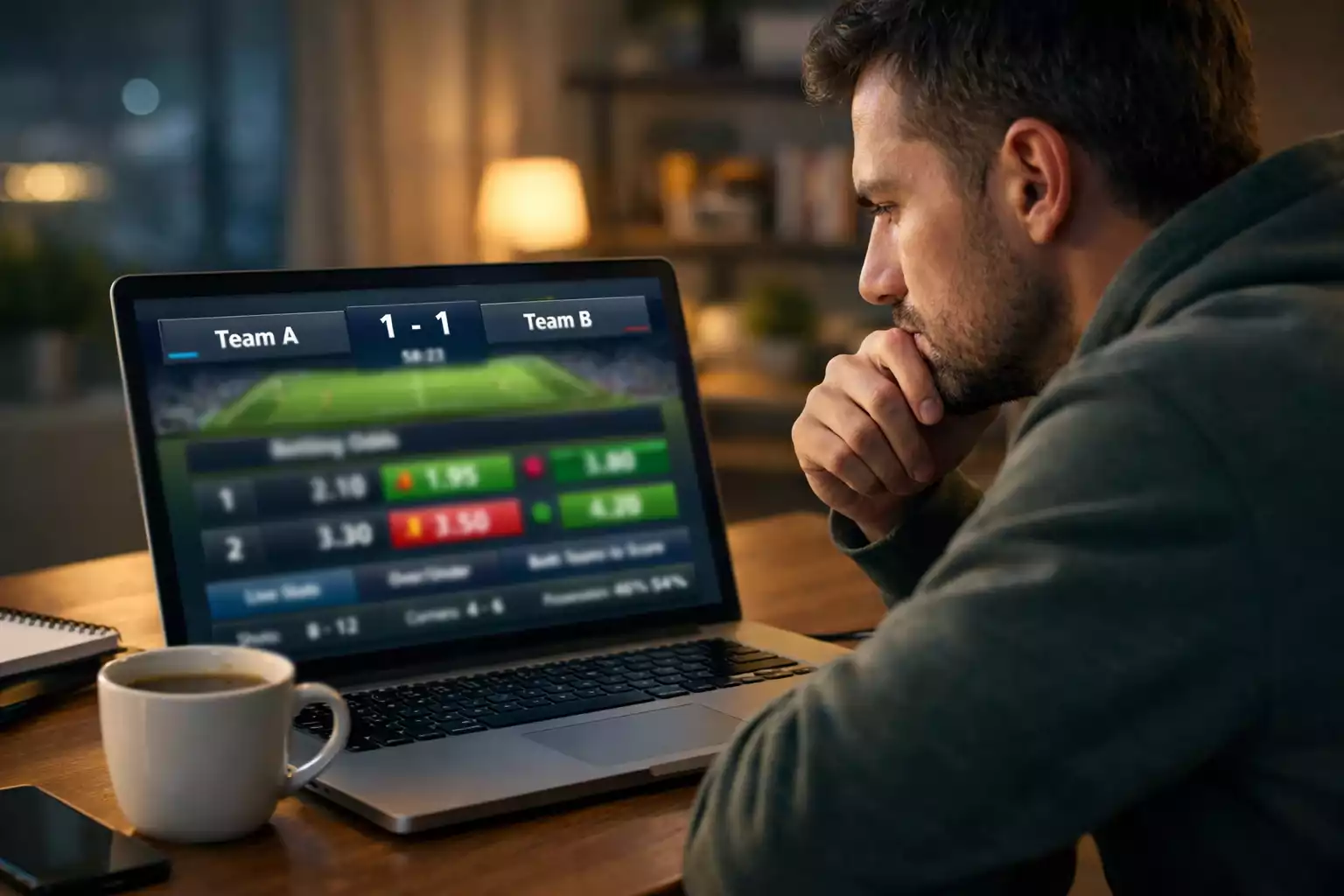 Scommettitore che monitora il movimento delle quote sul laptop prima di piazzare una puntata