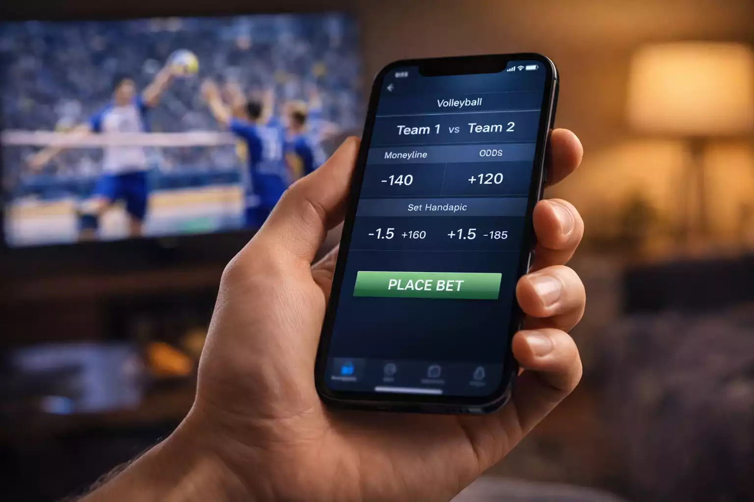 Mano che tiene smartphone con interfaccia quote scommesse e partita di volley in sottofondo