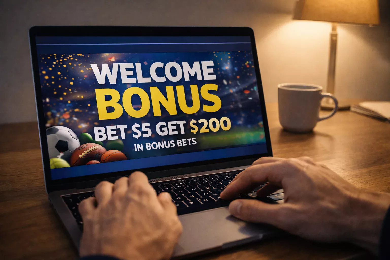 Schermo laptop con banner promozionale bonus di benvenuto per scommesse sportive