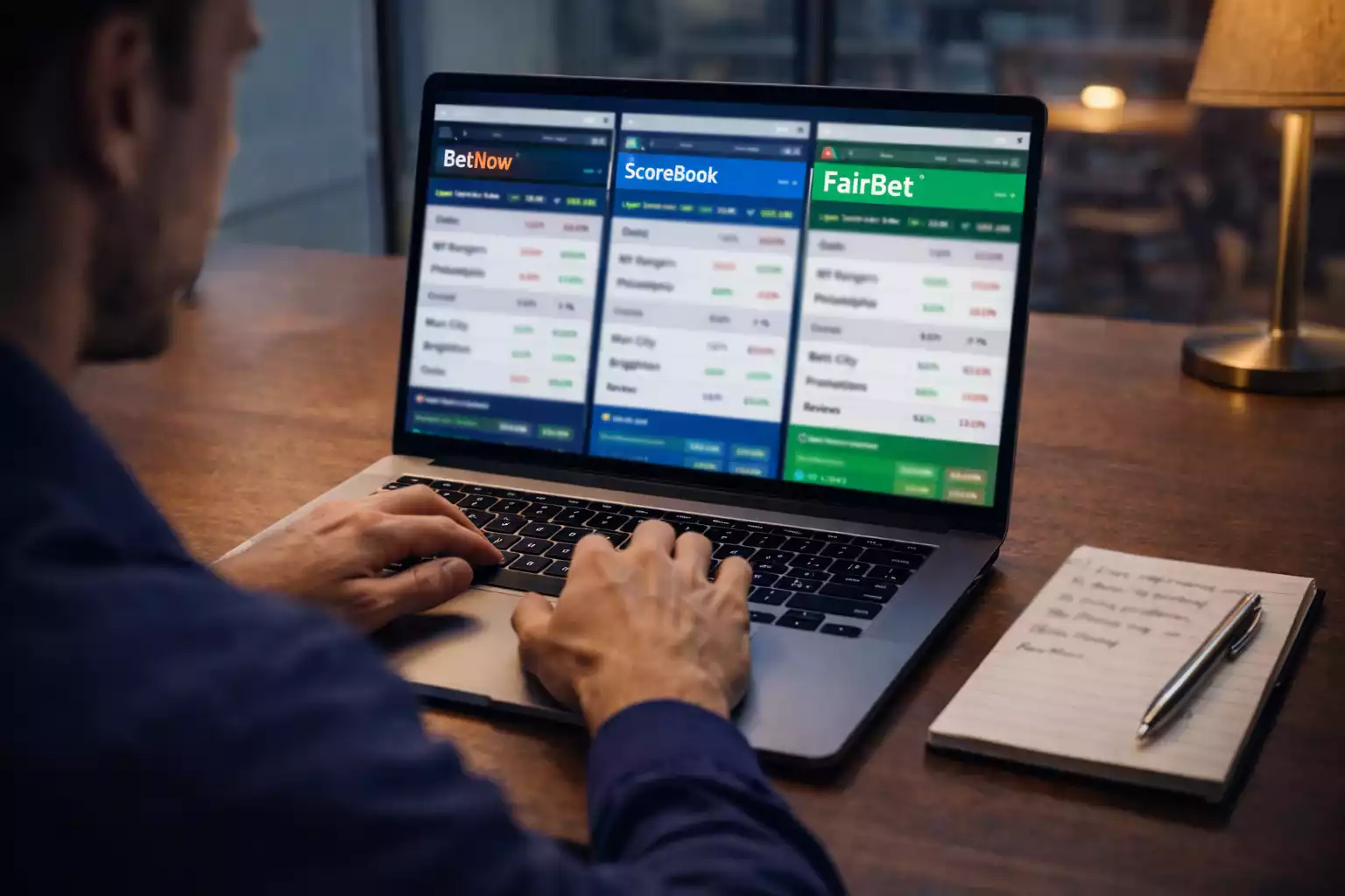 Persona che confronta diverse piattaforme di scommesse sportive su laptop con checklist