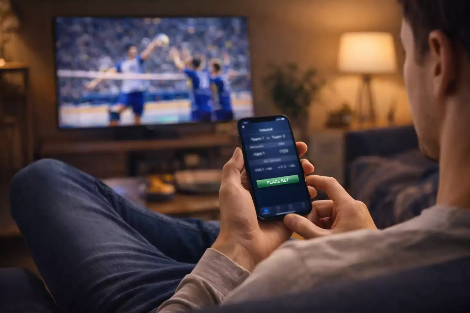 Giovane adulto seduto sul divano che usa smartphone per scommesse con partita di volley in TV