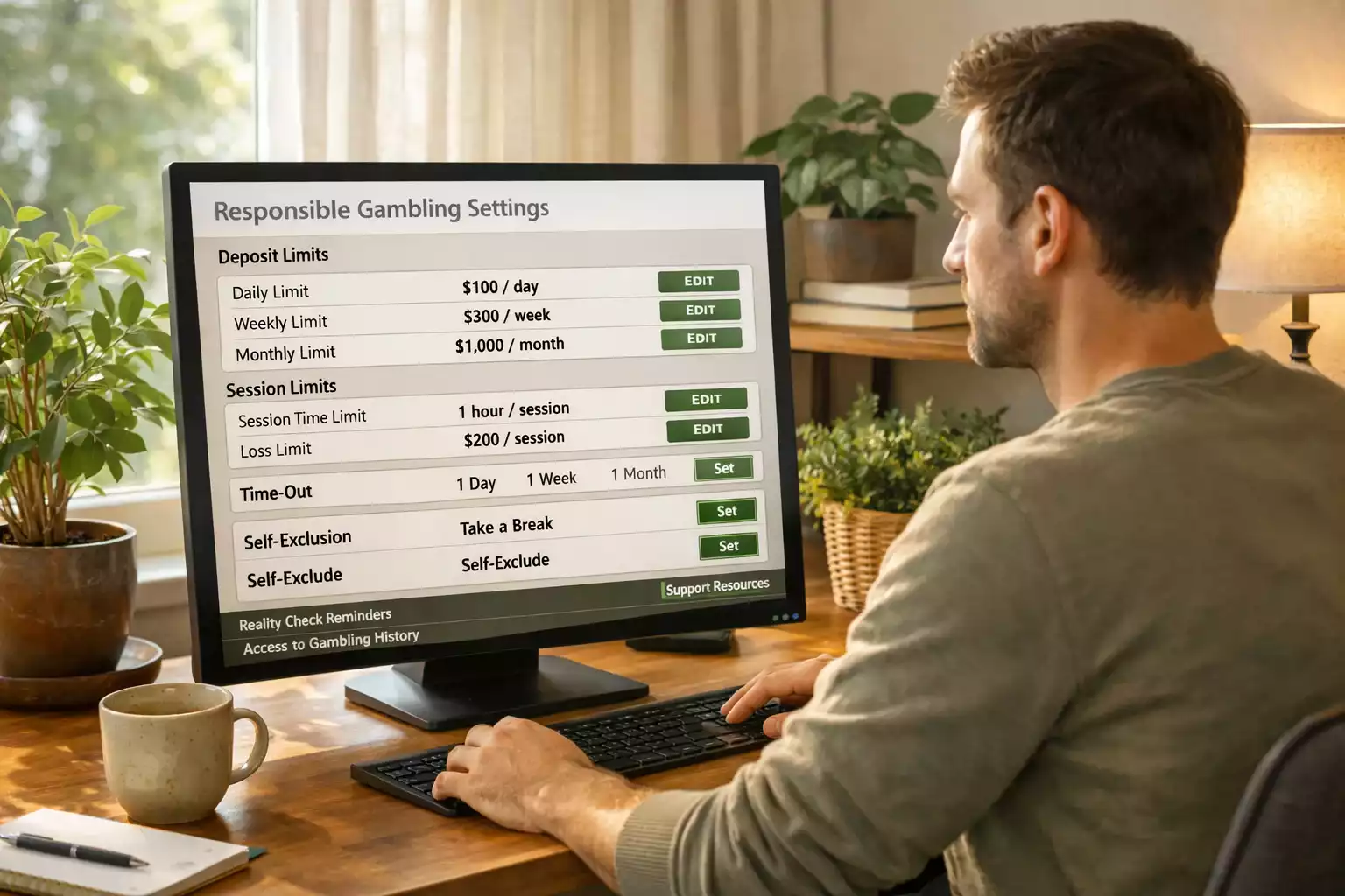 Persona che rivede impostazioni di gioco responsabile e limiti sul proprio computer in ambiente sereno