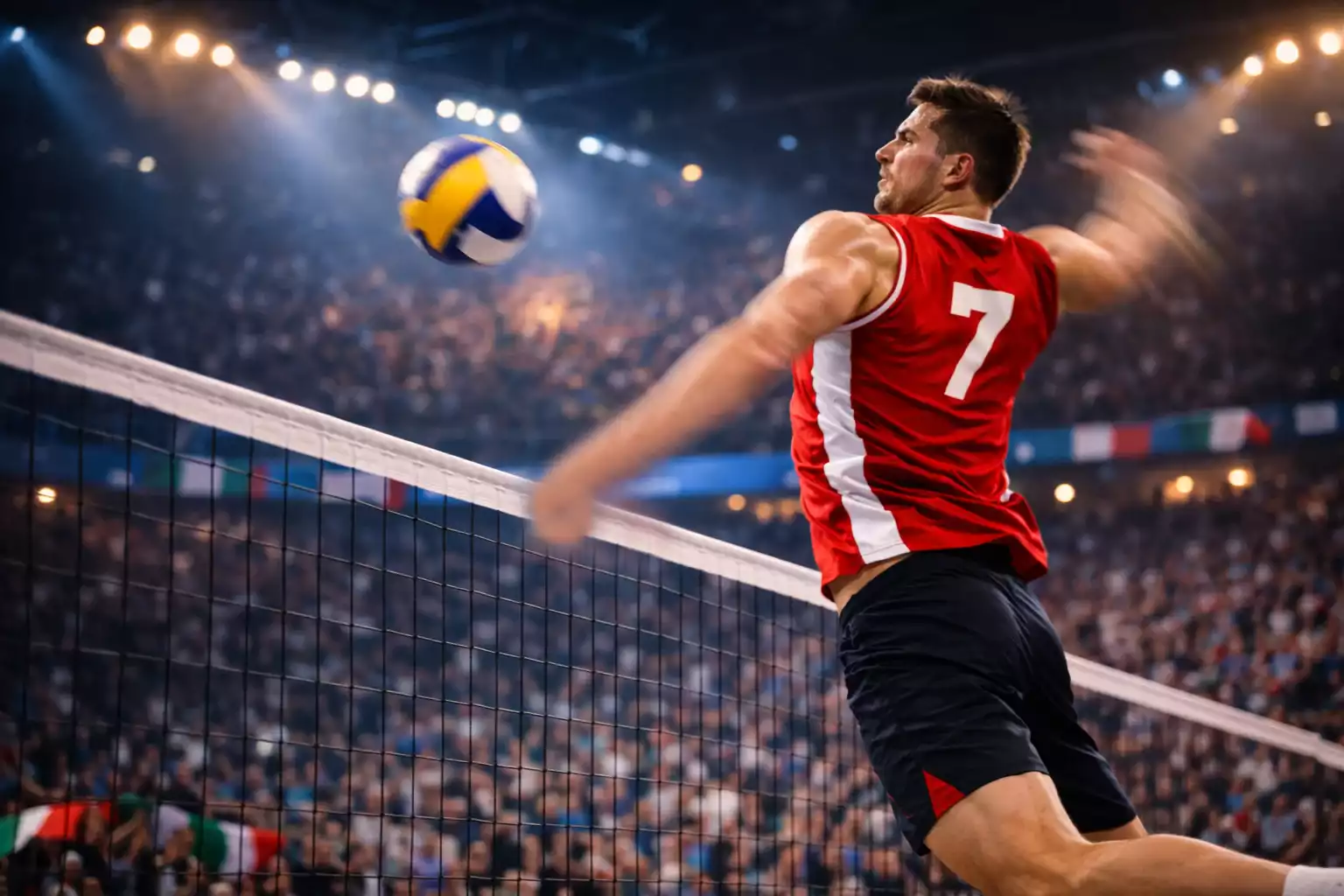 Giocatore di pallavolo professionista in azione durante una schiacciata in un campionato italiano