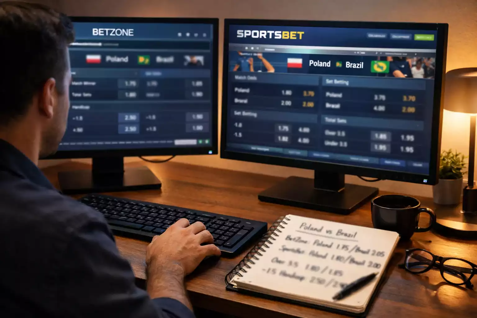Scommettitore che confronta quote di diversi bookmaker su più schermi per trovare la migliore offerta