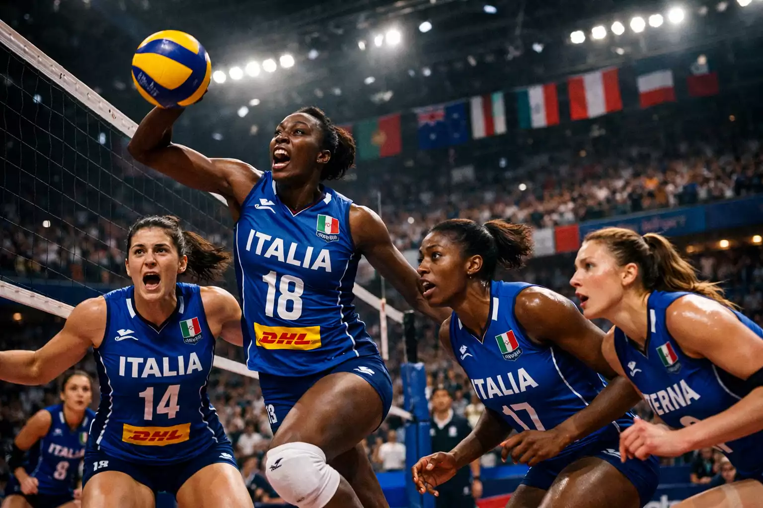 Nazionale italiana di pallavolo femminile in campo durante una competizione