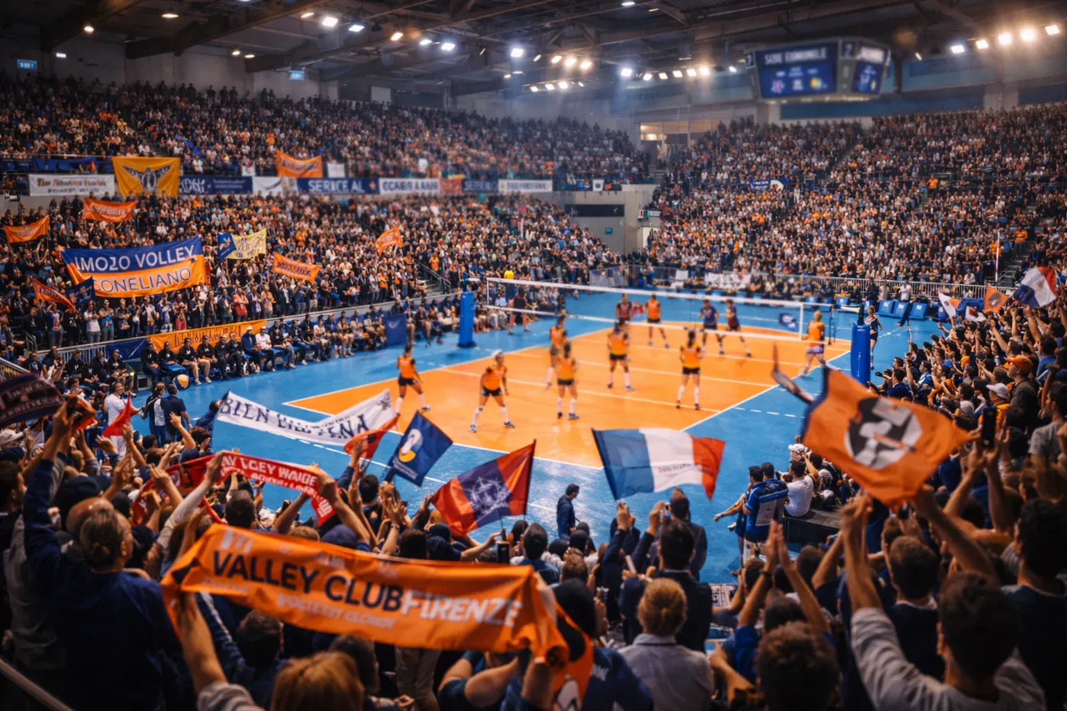 Palazzetto italiano durante partita di Serie A1 femminile con tifosi