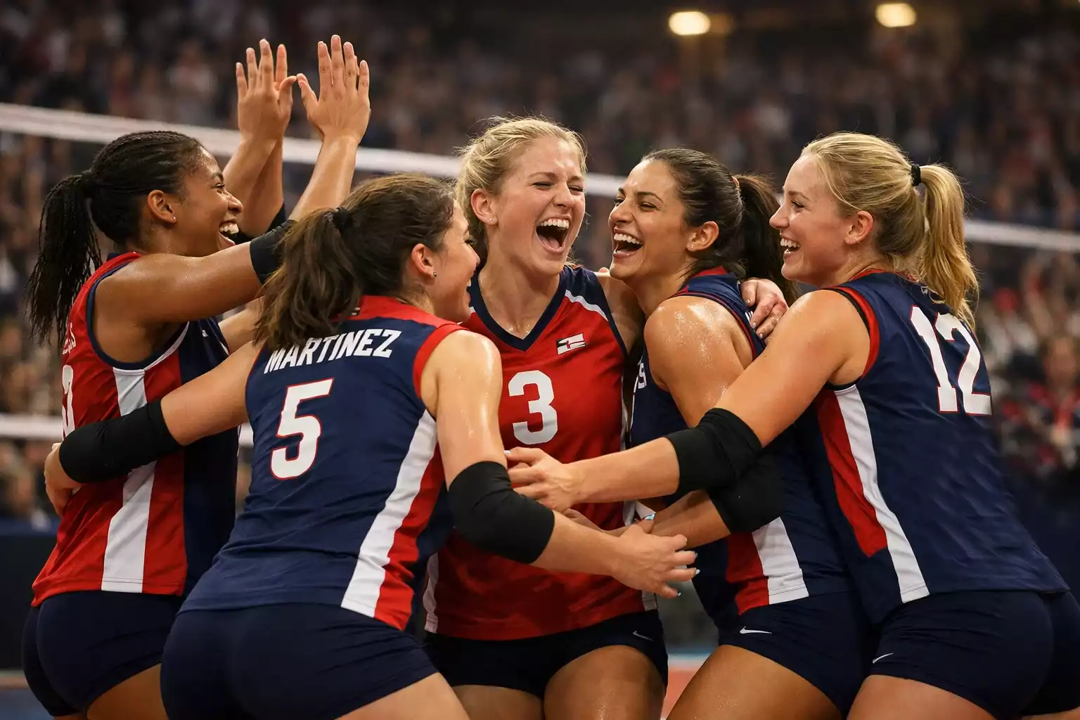 Squadra di pallavolo femminile che esulta dopo un punto importante