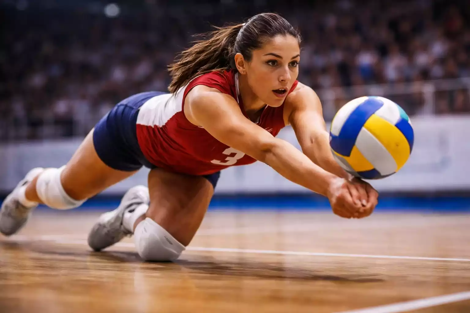 Giocatrice di pallavolo femminile in fase di difesa e ricezione