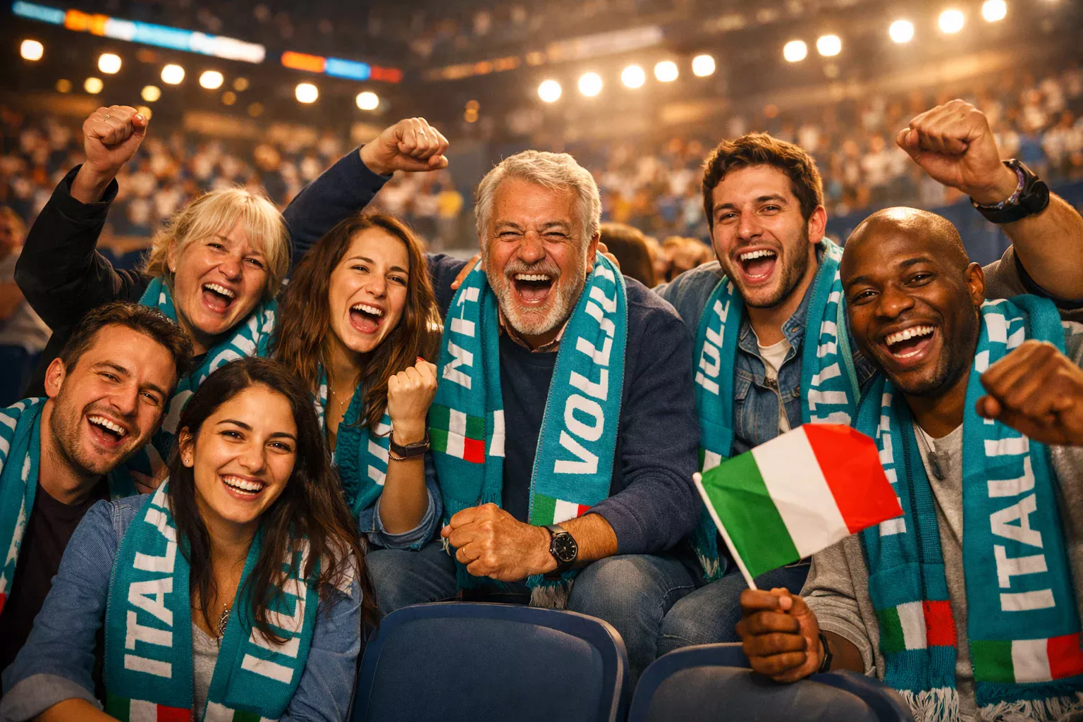 Tifosi italiani di pallavolo che esultano insieme sugli spalti durante una partita emozionante