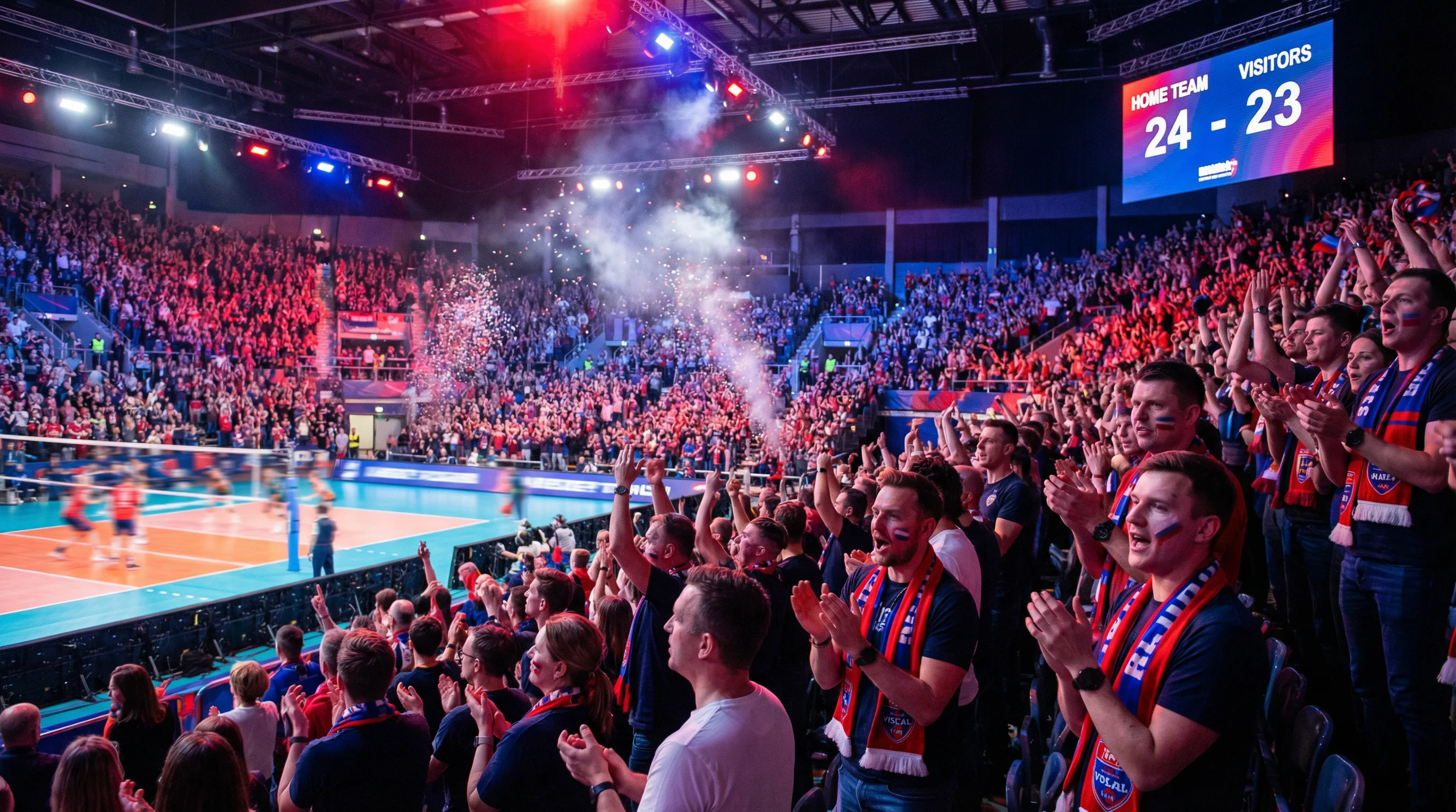 Tifosi di pallavolo che incitano la squadra di casa in un palazzetto rumoroso