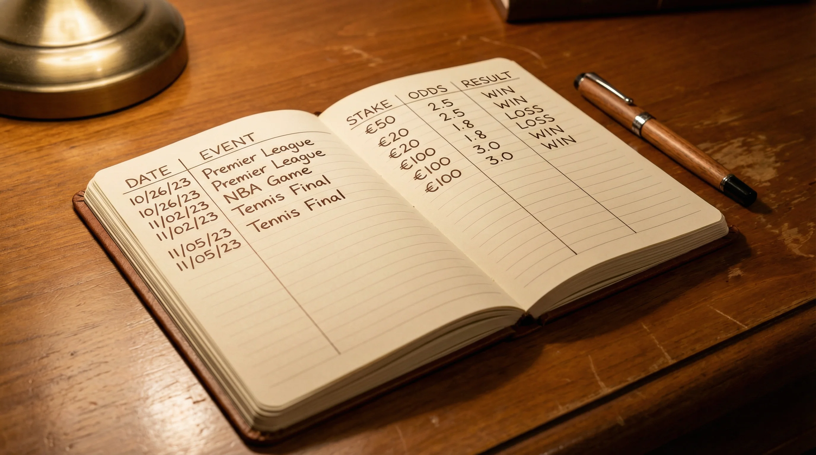 Quaderno con registrazioni ordinate di scommesse e una penna su una scrivania