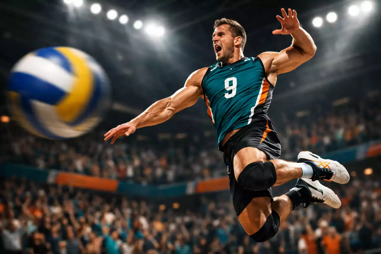 Giocatore di pallavolo in azione durante una schiacciata spettacolare in un palazzetto moderno