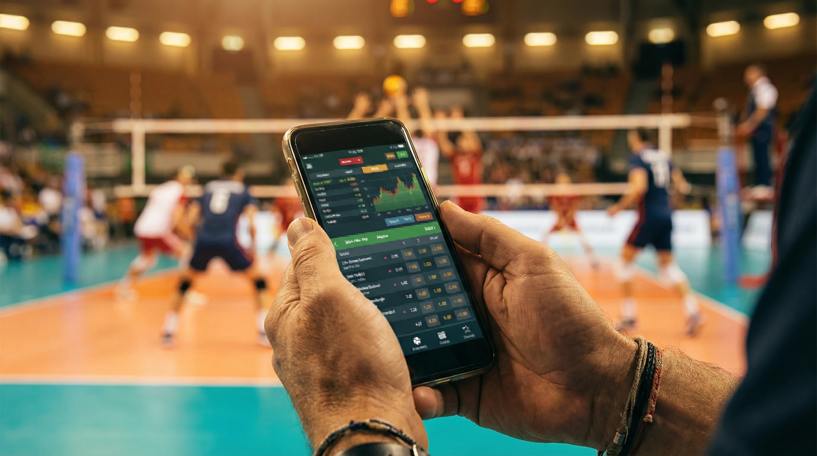 Persona che analizza quote di pallavolo sullo smartphone durante una partita dal vivo