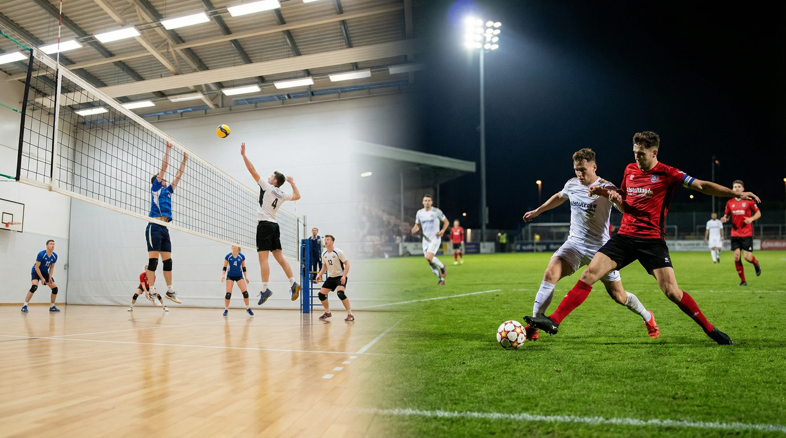 Campo di pallavolo e campo di calcio affiancati simbolicamente divisi a metà