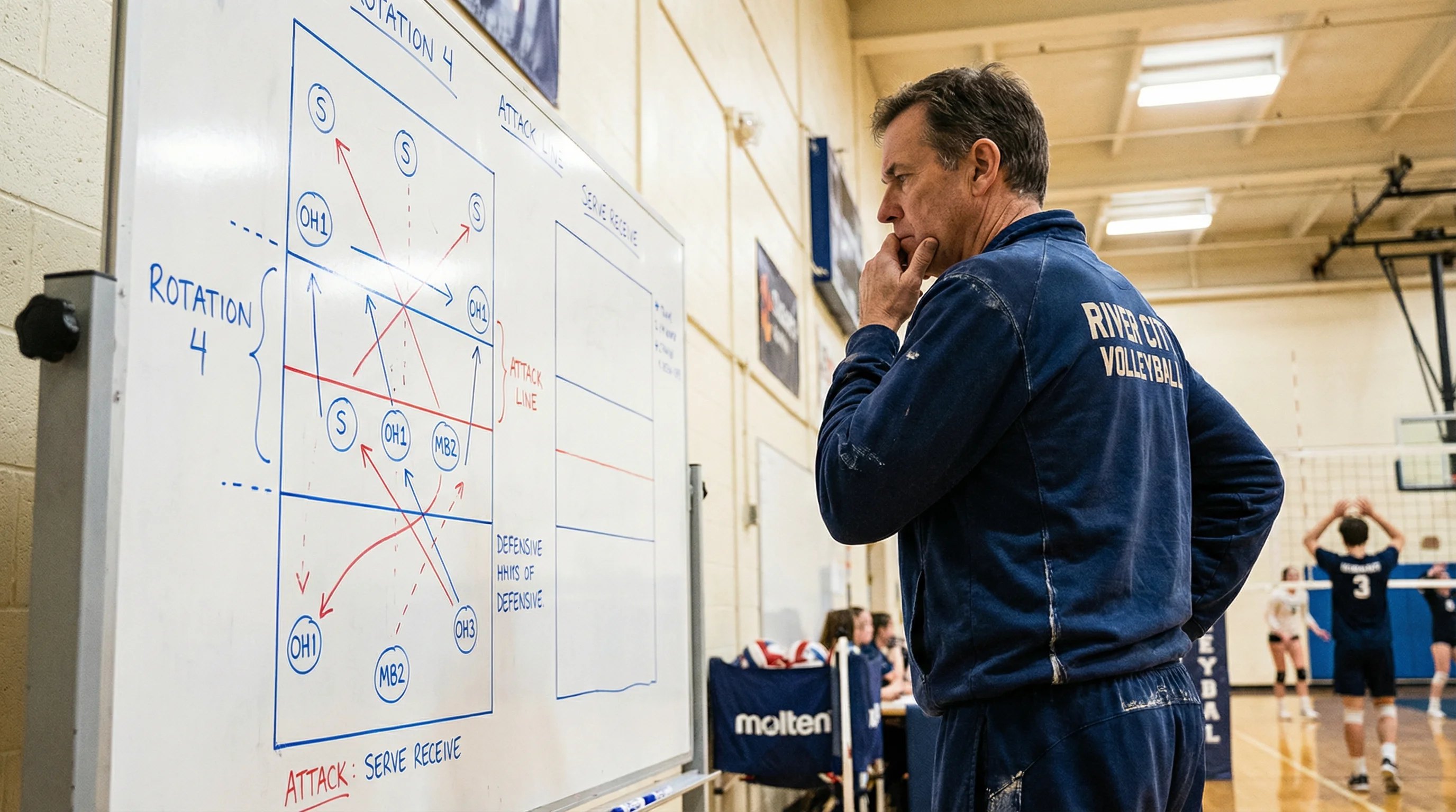 Allenatore di pallavolo che studia la lavagna tattica prima di una partita
