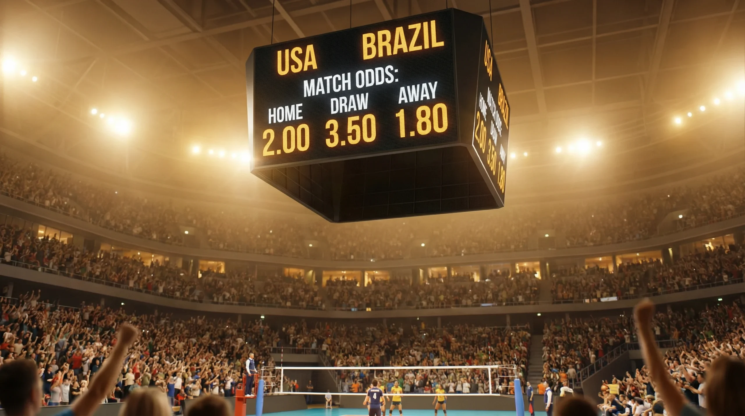 Tabellone luminoso con quote di una partita di pallavolo in un palazzetto sportivo