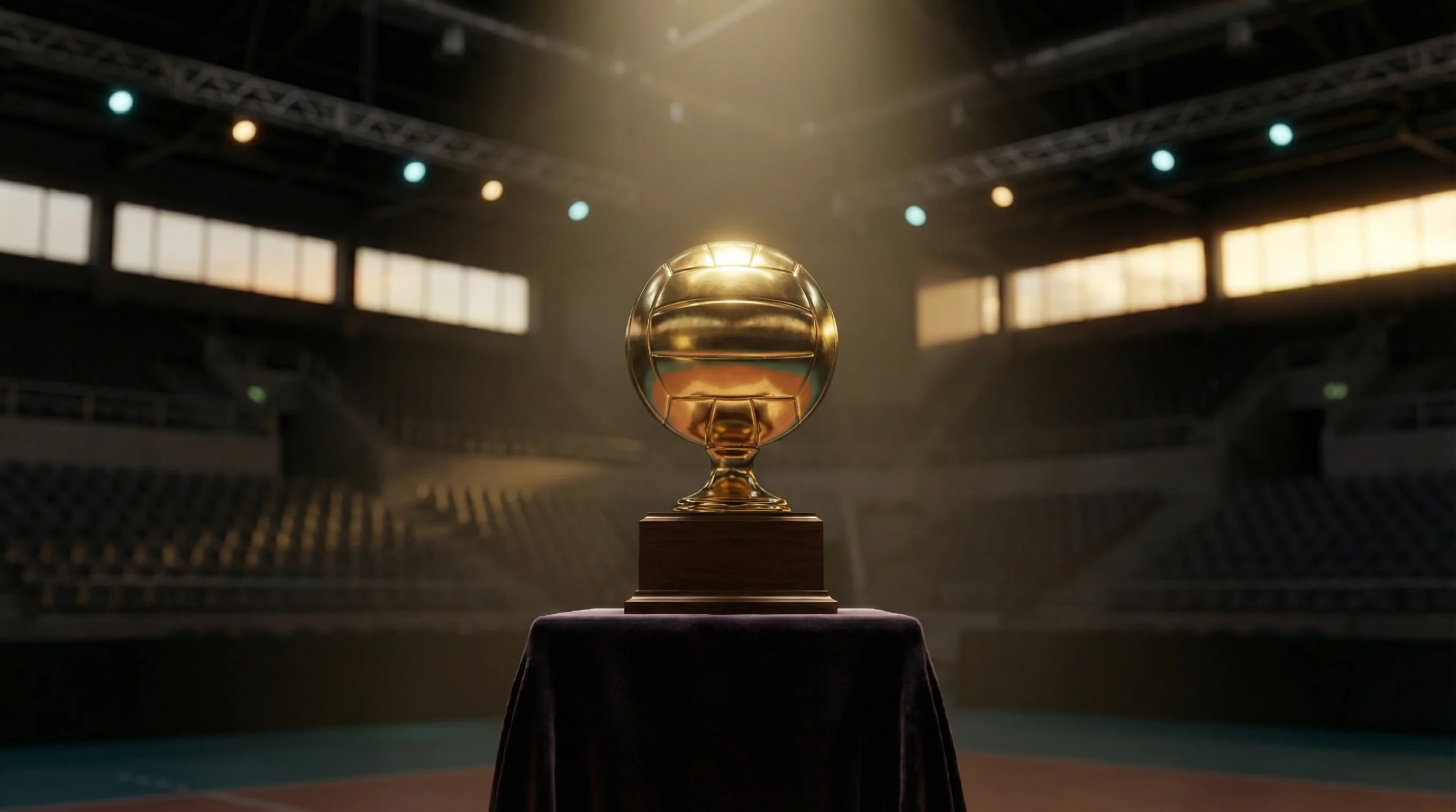 Trofeo della Superlega di pallavolo esposto con sfondo del palazzetto sportivo