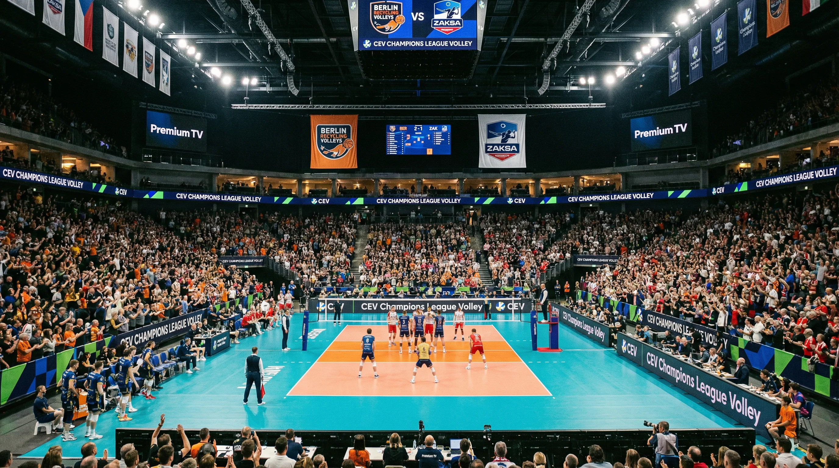 Partita di Champions League di pallavolo tra due squadre europee in un grande palazzetto
