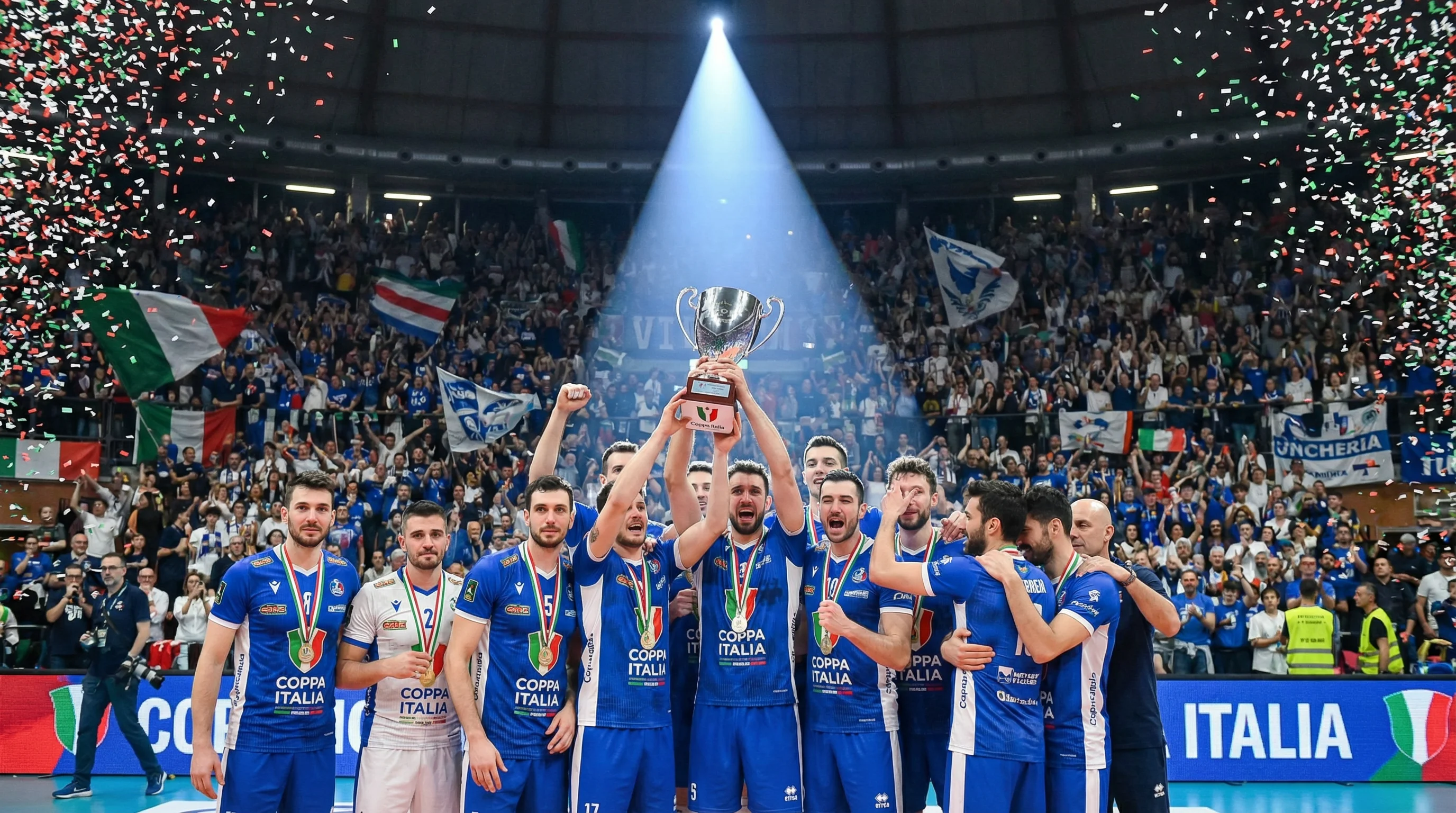 Premiazione della Coppa Italia di pallavolo con squadra che alza il trofeo