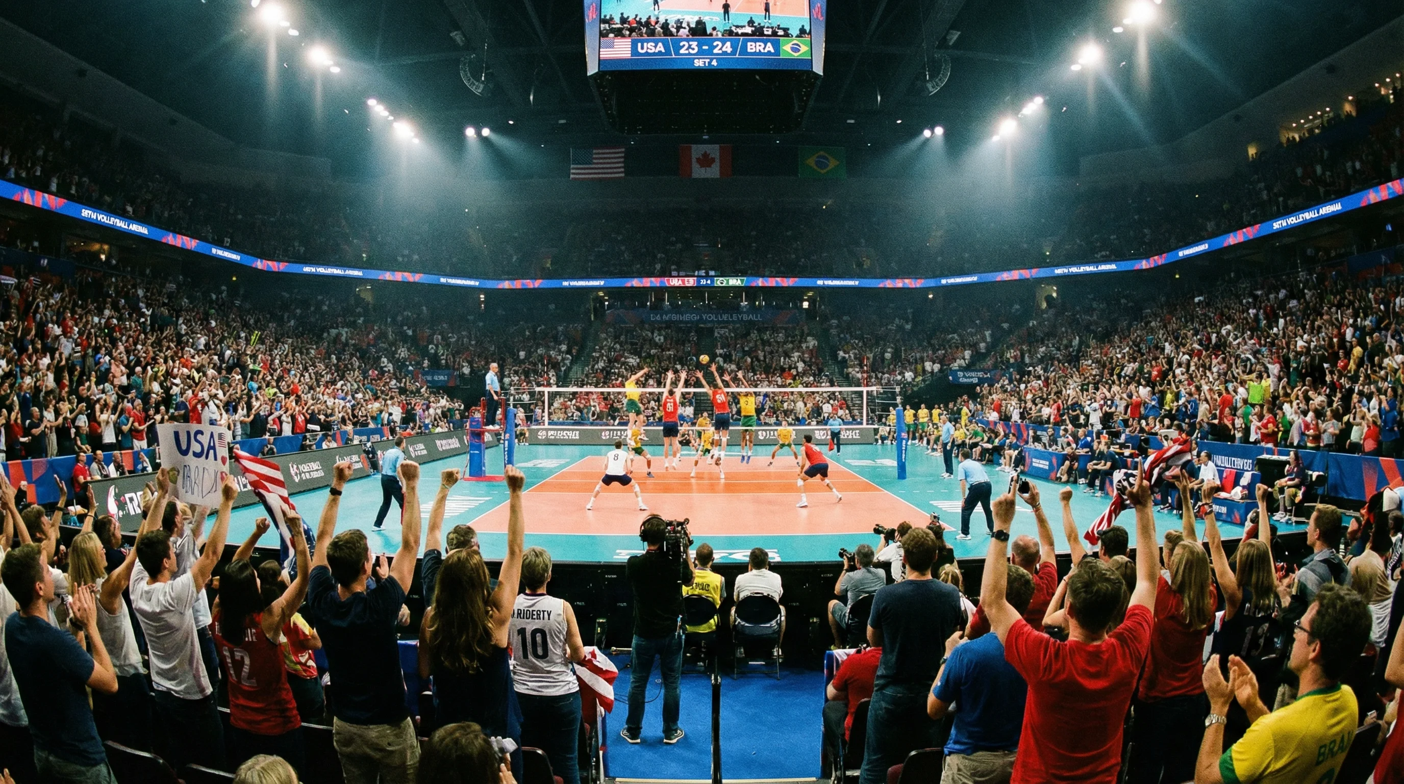 Partita di pallavolo in corso vista dagli spalti con tifosi appassionati