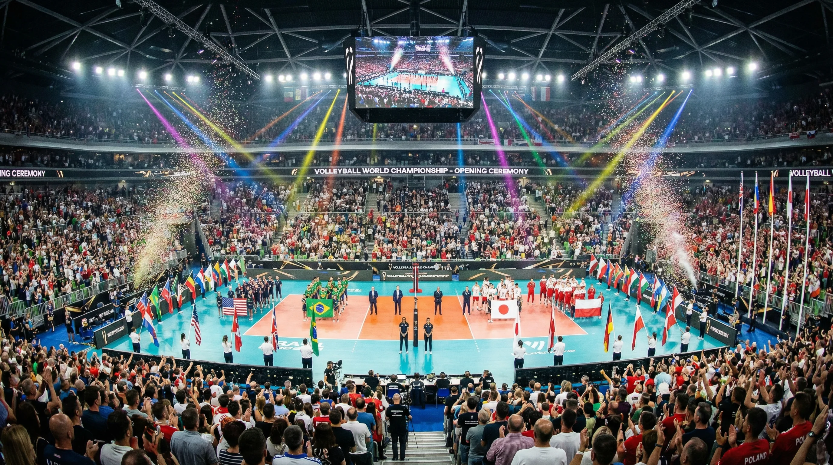 Cerimonia di apertura dei Mondiali di pallavolo con bandiere delle nazionali partecipanti