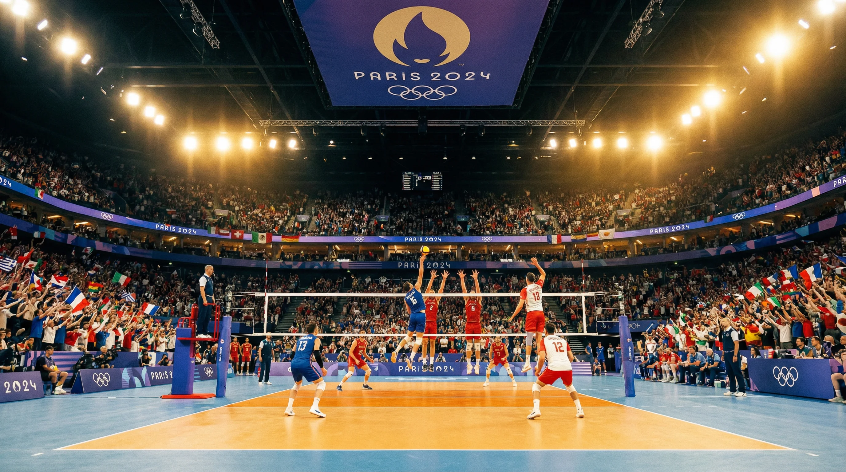 Partita di pallavolo olimpica in un grande stadio con anelli olimpici visibili