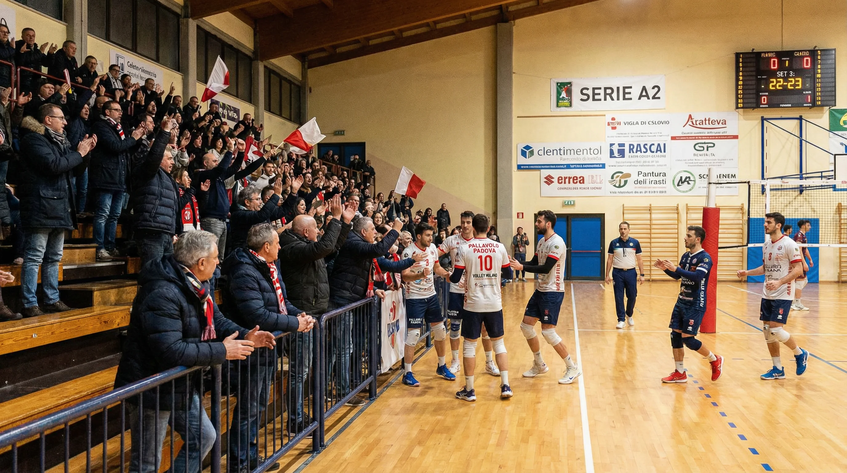 Partita di pallavolo di Serie A2 in un palazzetto più piccolo con pubblico vicino al campo