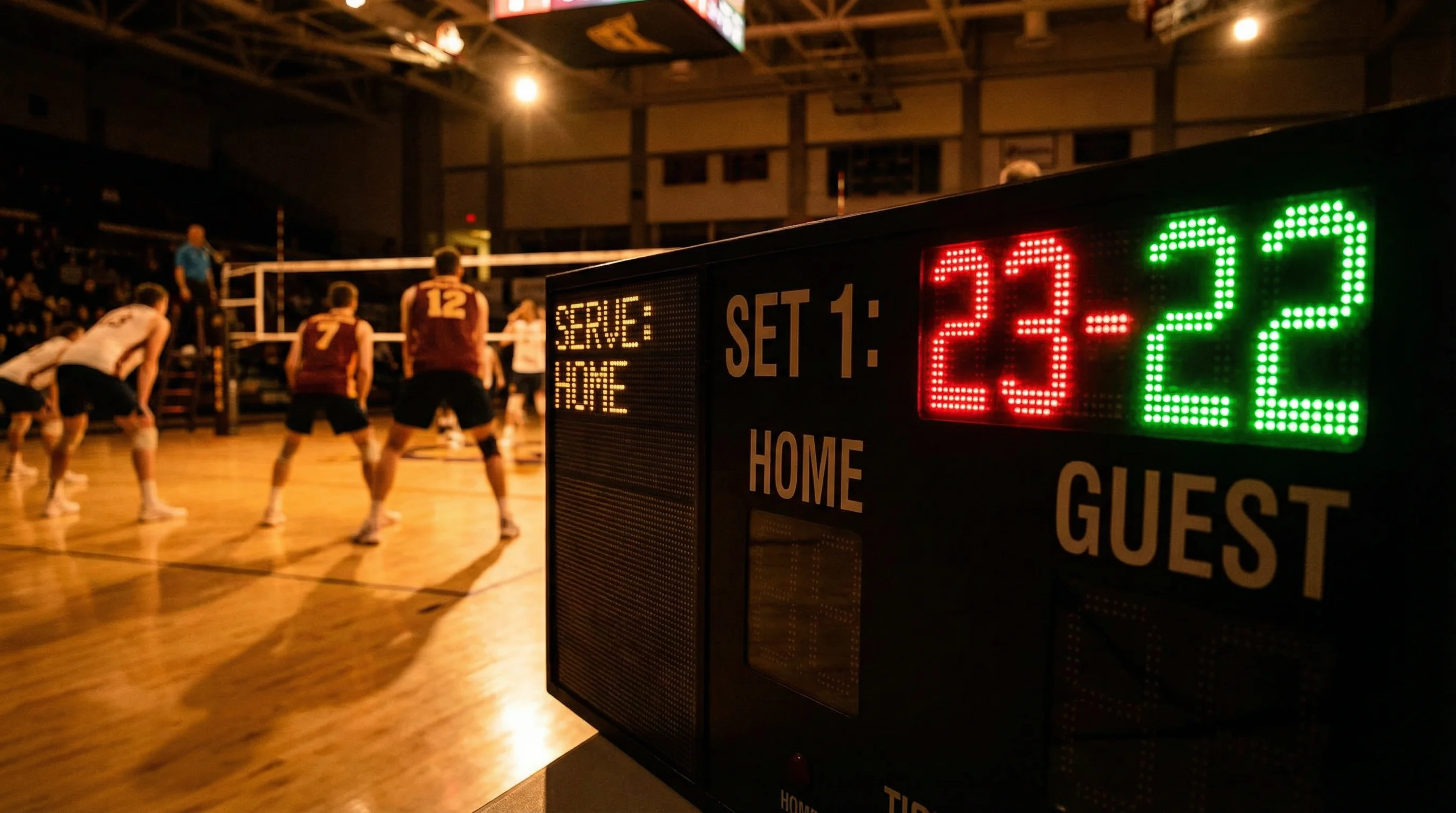Primo piano del segnapunti di un set di pallavolo che mostra un punteggio ravvicinato