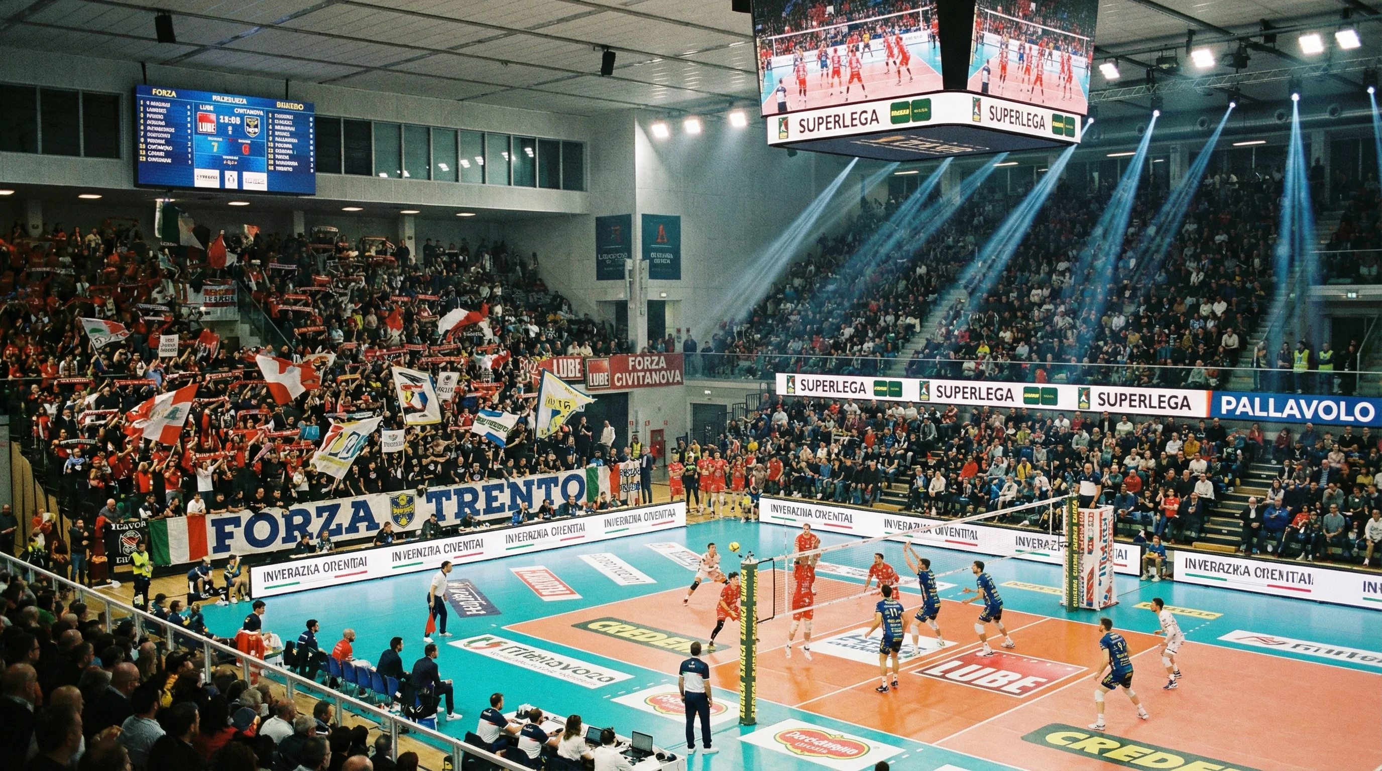 Palazzetto della Superlega italiana di pallavolo pieno di tifosi durante una partita