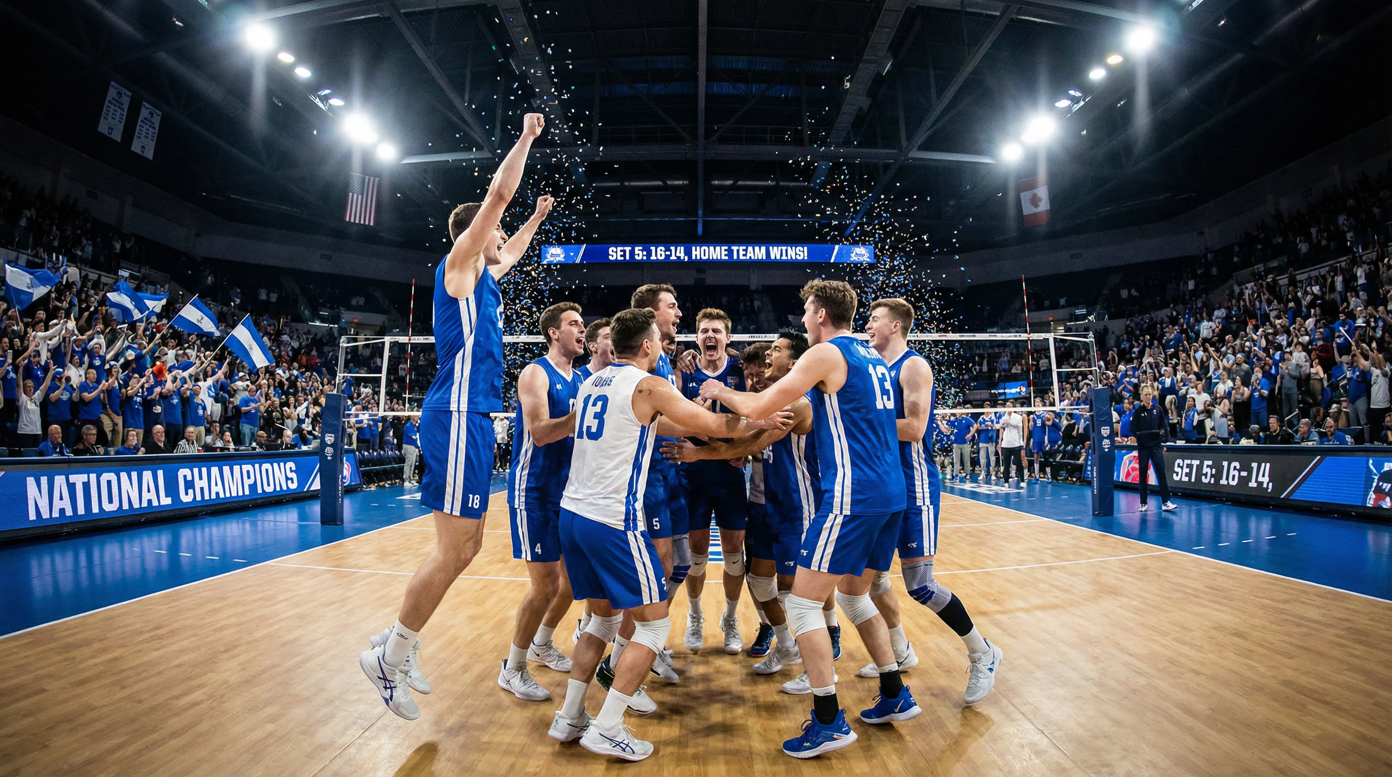 Squadra di pallavolo esulta dopo aver vinto un set decisivo in un palazzetto affollato