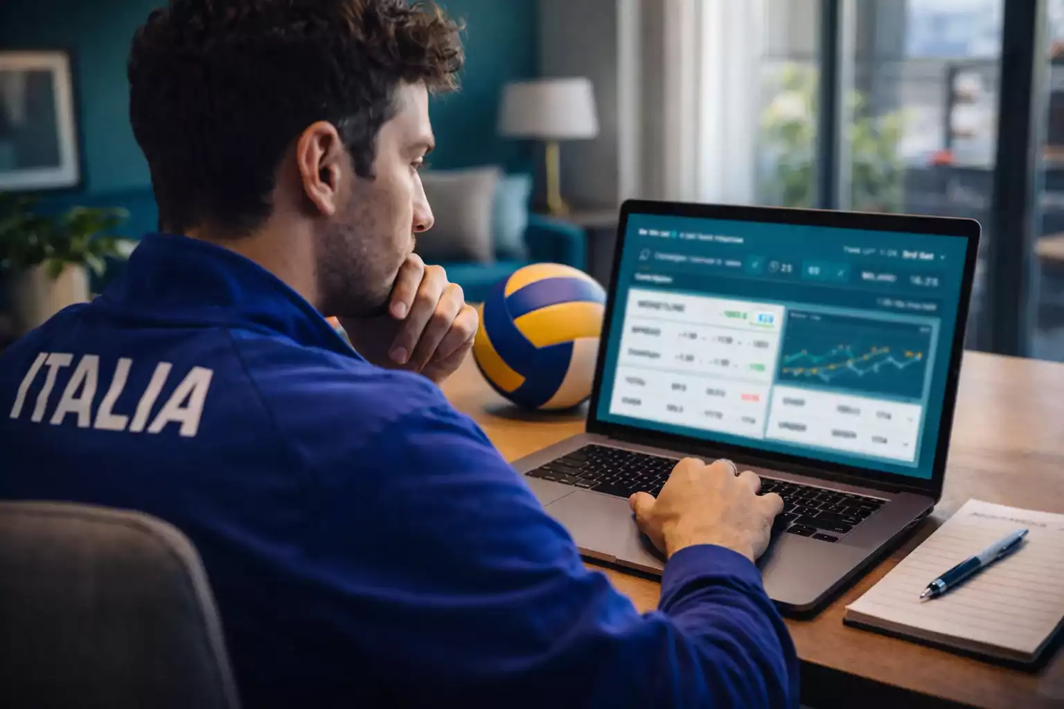 Giovane italiano che analizza le opzioni di scommesse sulla pallavolo sul laptop